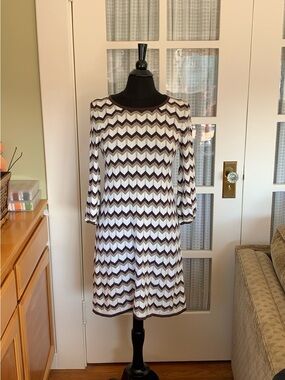 Alice + Olivia Brown and White Chevron Midi Dress
